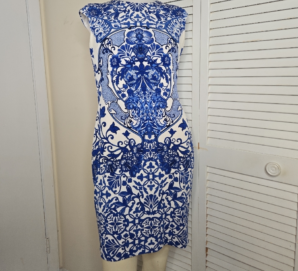 Boston Proper Blue and White Sheath Midi Dress
